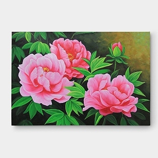 ピンク色のリビングに飾る牡丹の花の絵