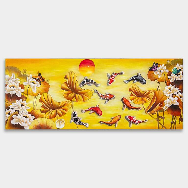 蓮の花と蝶、そして9匹の鯉を夕焼けに描いた絵