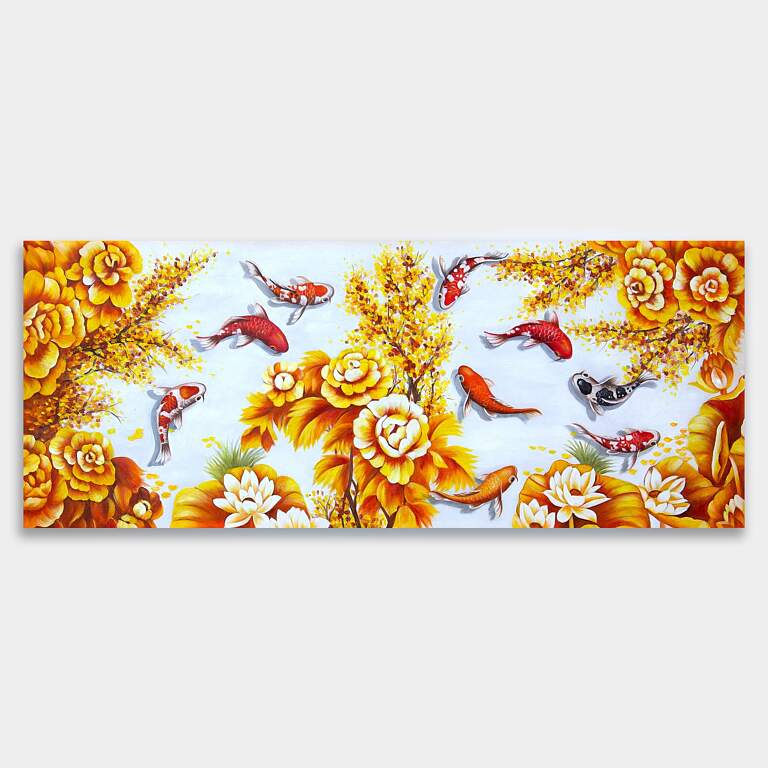 金色の蓮の花と鯉を描いた鯉の絵